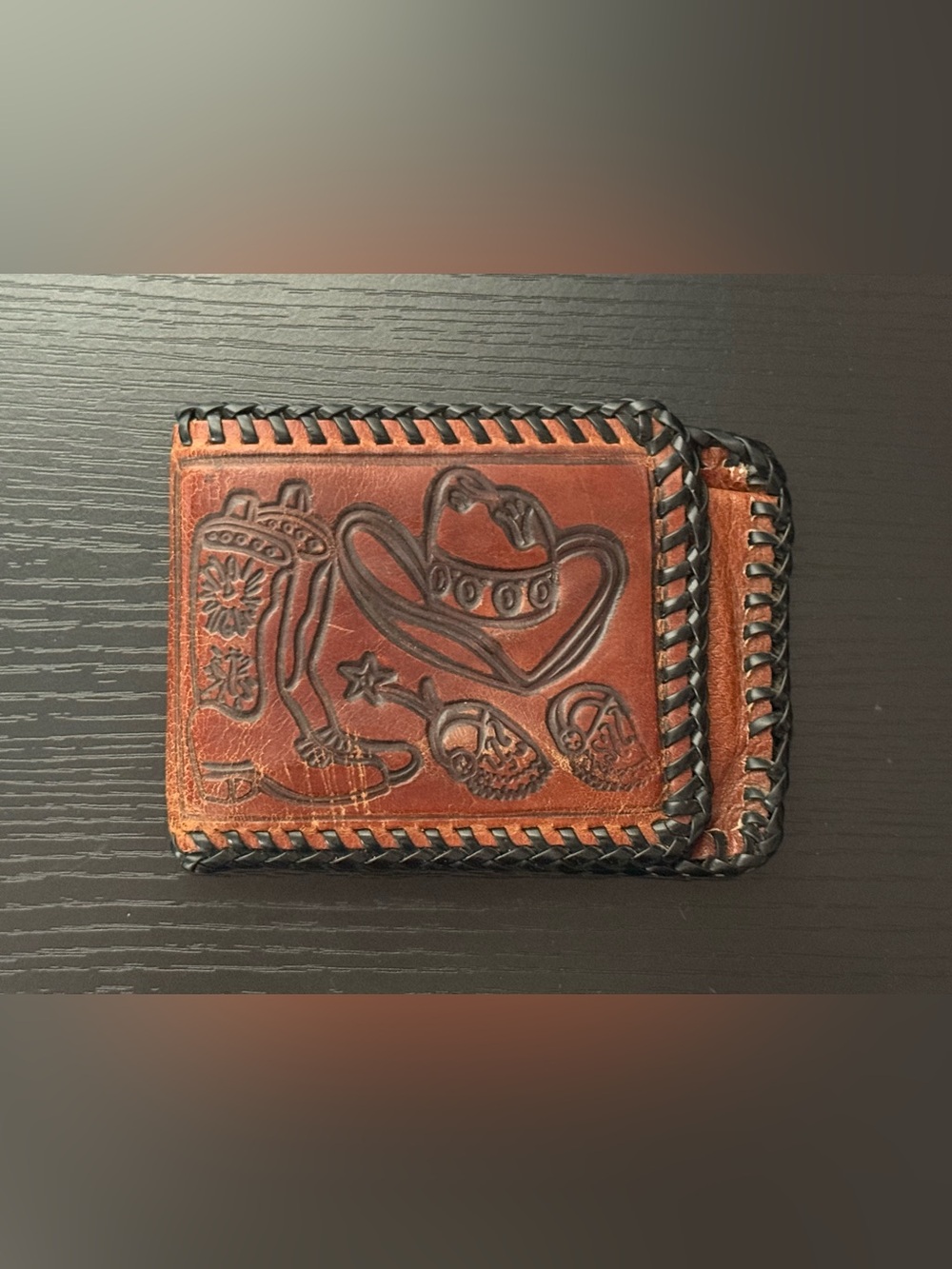 VTG Handmade Leather Wallet with Cowboy Motifs Boots & Spurs, Hat, Gun & Saddle